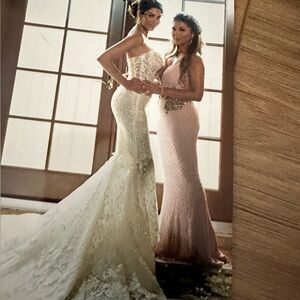 Michael Costello couture evening gown. Size 2. Light pink with gold embroidery